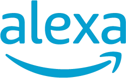 The Alexa logo features the name "Alexa" in lowercase letters, written in light blue. A curved arrow, resembling a smile, connects the first and last "a" in the name, mirroring the Amazon logo style. The logo creates a friendly appearance, so everyone can be comfortable using Alexa.
