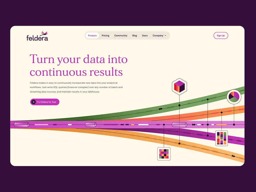 A screenshot from 'feldera' website, showing the beautiful hero section with various font colors.
