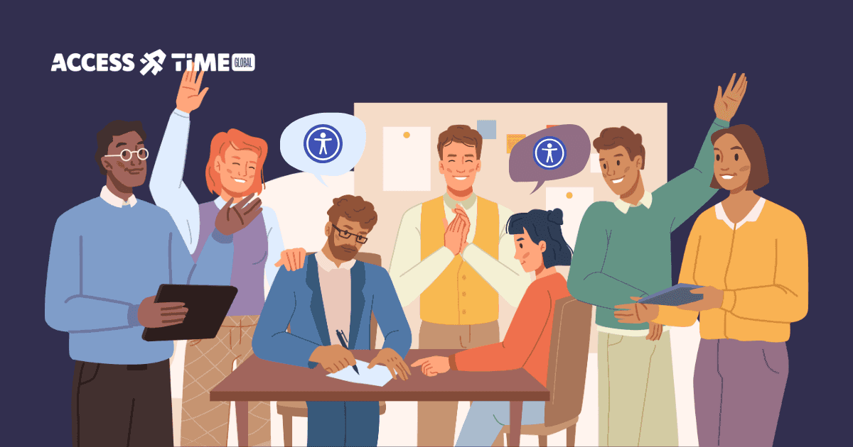 Illustration of a diverse team collaborating and making shared decisions, highlighting inclusive communication and accessibility-aware planning.
