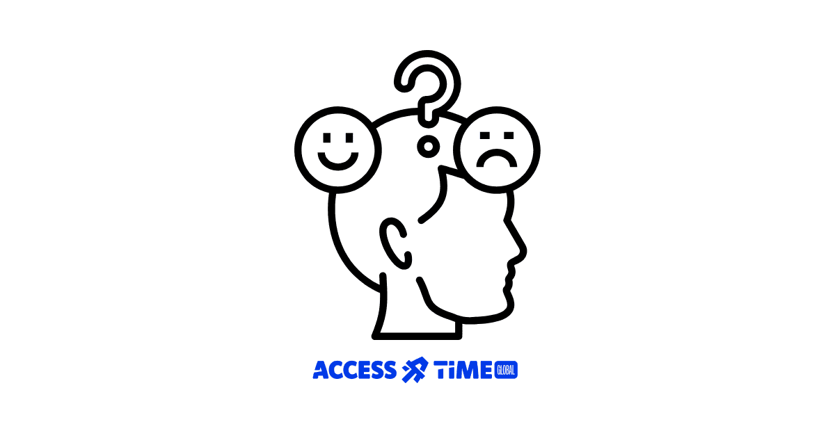 illustration of a floating head with a question mark above, with emoticon of smile and sad beside