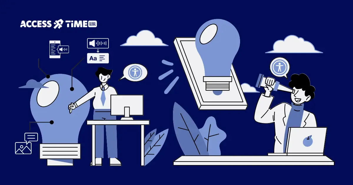 Illustration of people working on digital tools and accessibility tools.