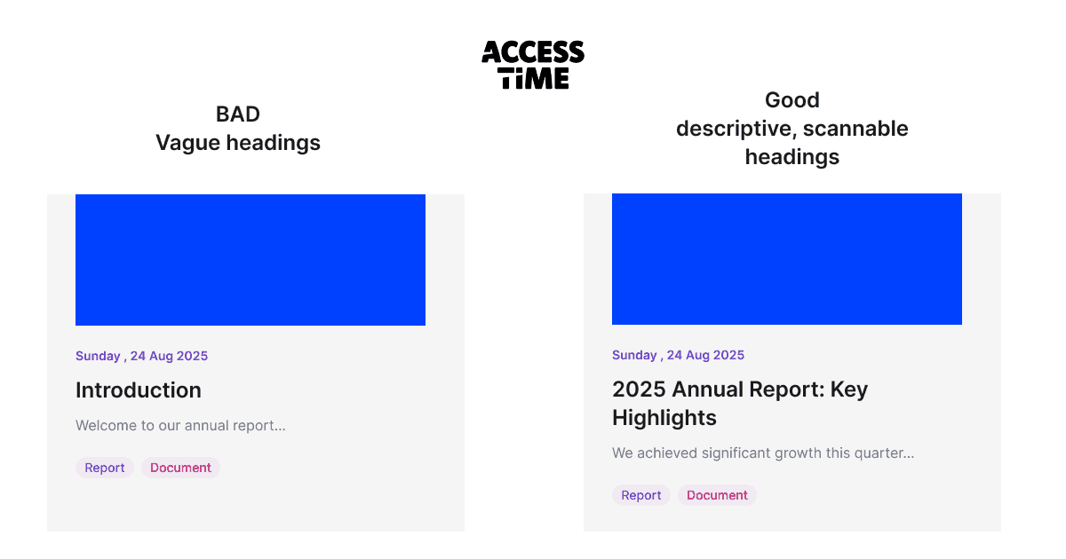 Bad vague headings and Good descriptive headings examples