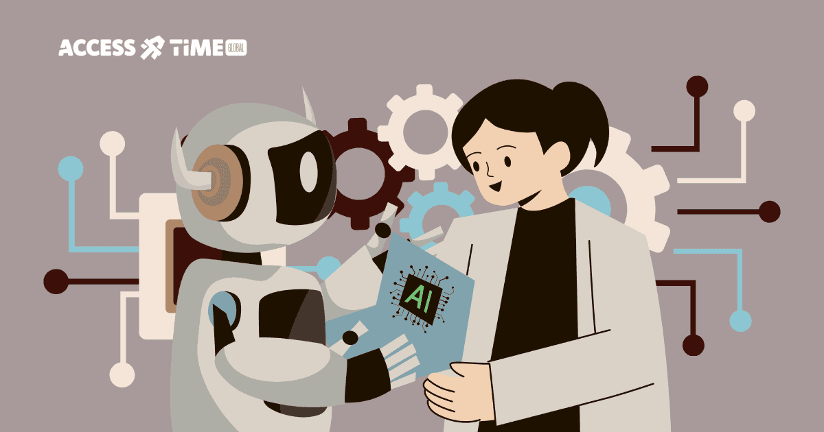Illustration of a robot sharing its laptop with Artificial Intelligence technology with human, helping each other out and working together.