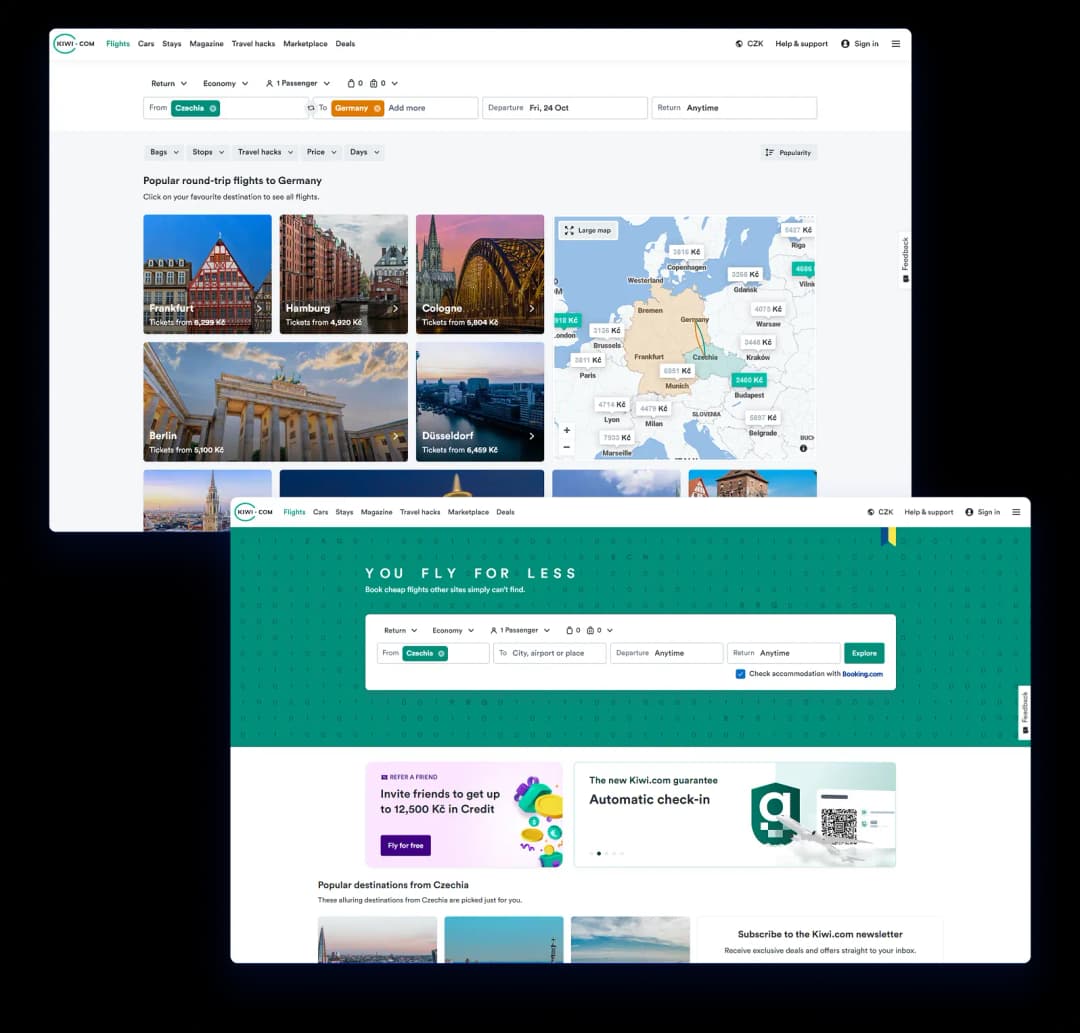 Screenshot of the Kiwi.com flight booking interface alongside a testimonial praising AccessTime accessibility audits.