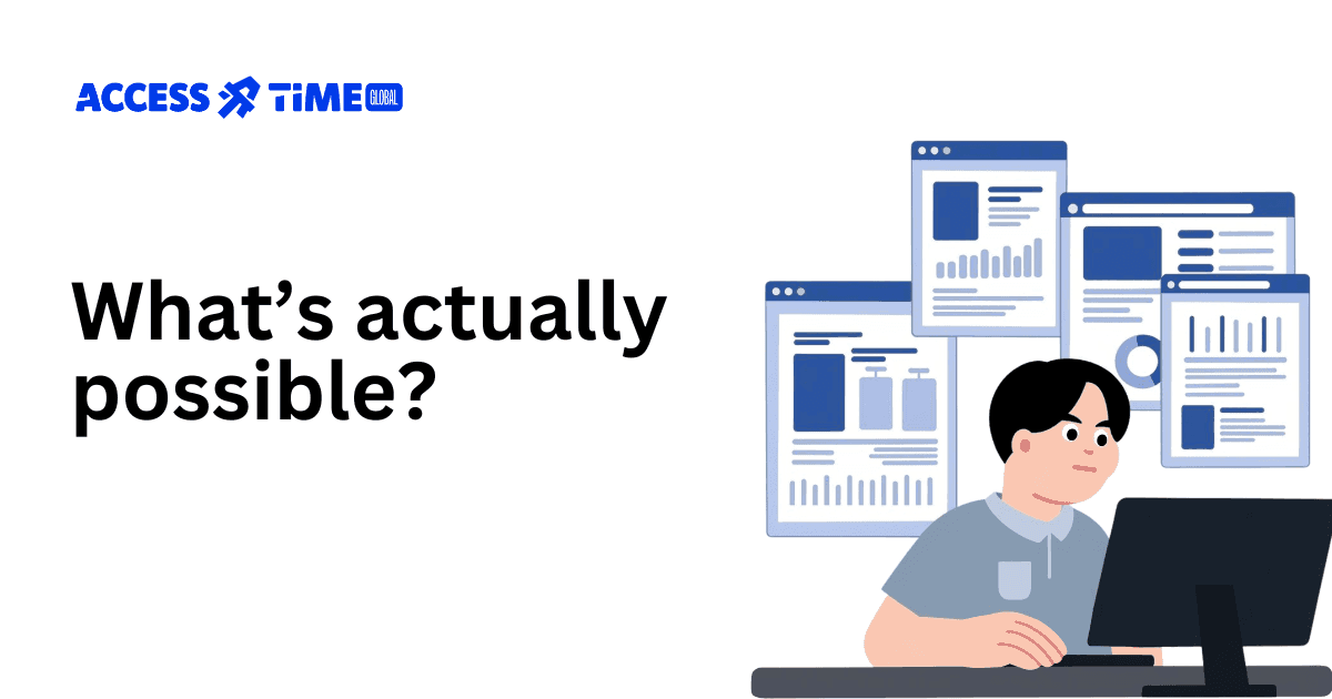 Illustration of an employee in front of PC, thinking and have dashboard
