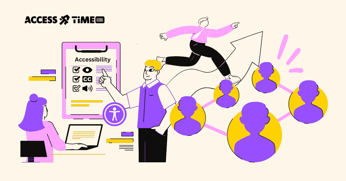 Illustration of people reviewing an accessibility checklist, with arrows indicating the potential of growth and connected figures symbolizing broader reach through accessibility