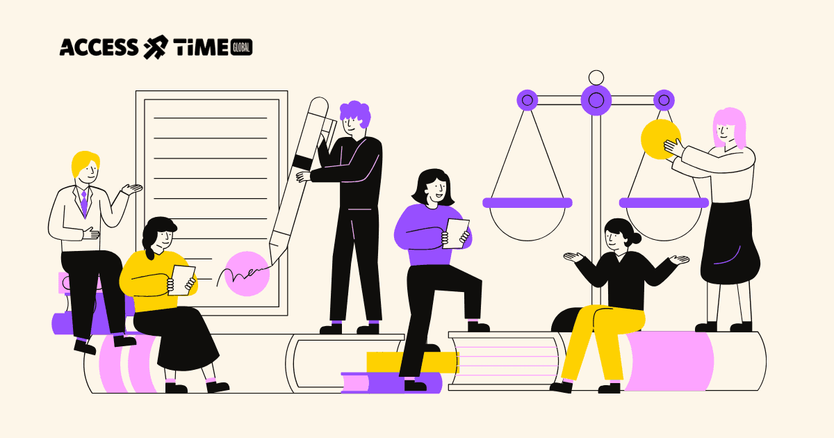 An illustration of people signing documents and balancing legal scales, symbolizing the high costs and risks of accessibility lawsuits.