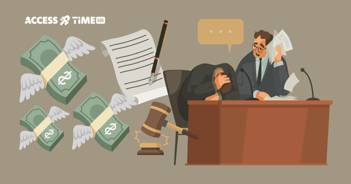 Illustration of stressed business people in court with flying money, legal documents, and a judge’s gavel symbolizing the high costs of accessibility lawsuits