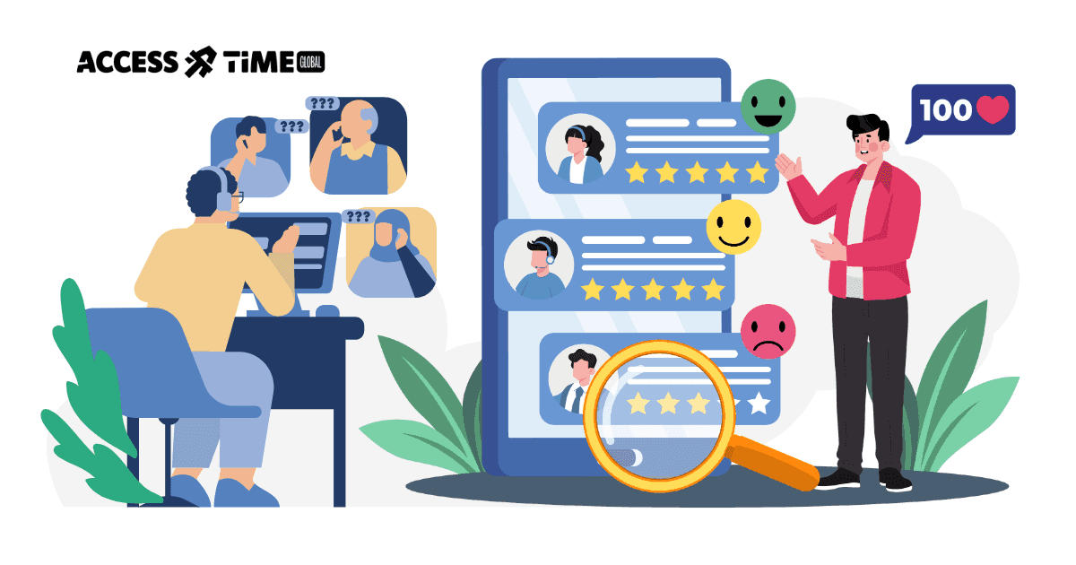 Illustration of a person analyzing customer feedback and reviews, with ratings, emotions, and support calls symbolizing user experience measurement