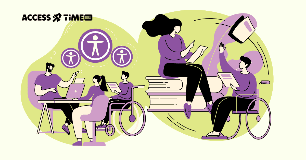 Illustration of people with and without disabilities collaborating with laptops and books, symbolizing inclusivity and accessibility as a foundation for lasting brand loyalty