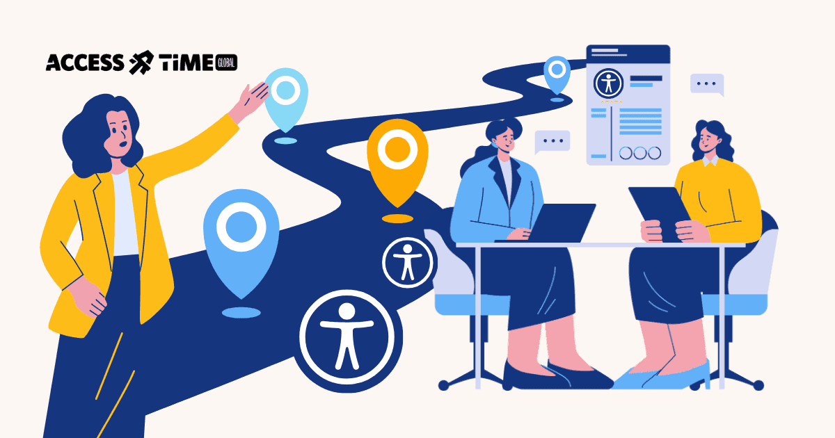 Illustration of a consultant guiding a team along a roadmap with accessibility icons, symbolizing the journey from scan results to strategic accessibility improvements.