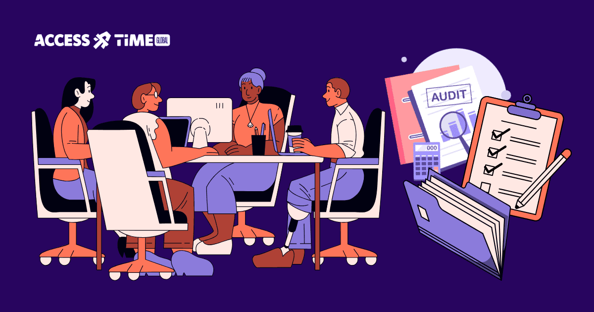 Illustration of a diverse team collaborating at a table with audit reports and checklists, symbolizing practical steps toward accessibility compliance.