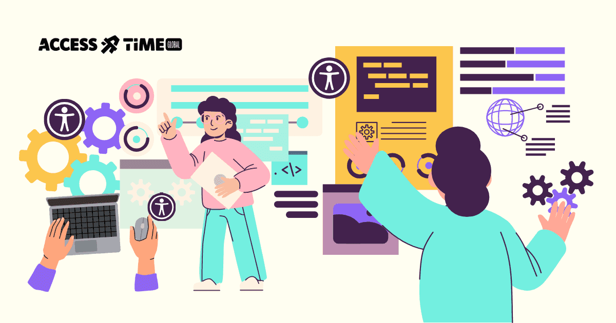 Illustration of developers collaborating with code, gears, and accessibility icons, symbolizing accessible component libraries and workflow-aligned development.