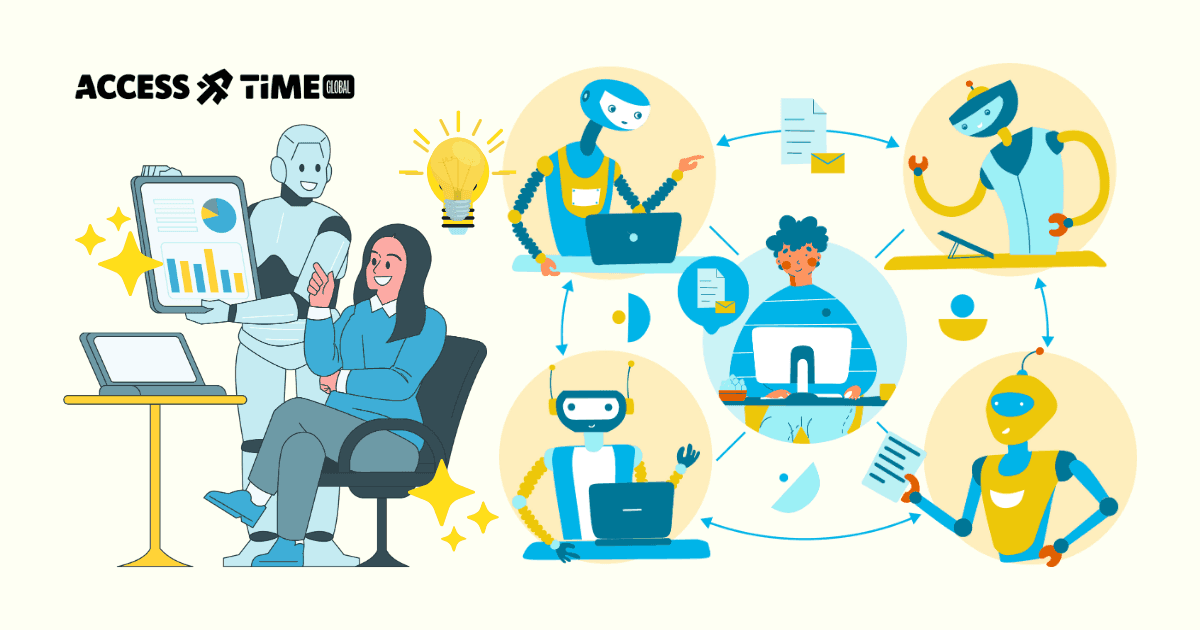 Illustration of robots and humans collaborating on digital tasks, symbolizing AI working together with human experts to create inclusive, accessible experiences.