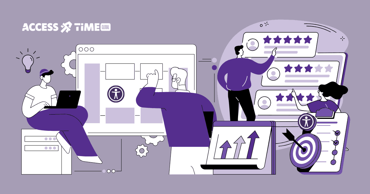 Illustration of people designing accessible interfaces, reviewing ratings, and optimizing performance, symbolizing strategic implementation of POUR principles.