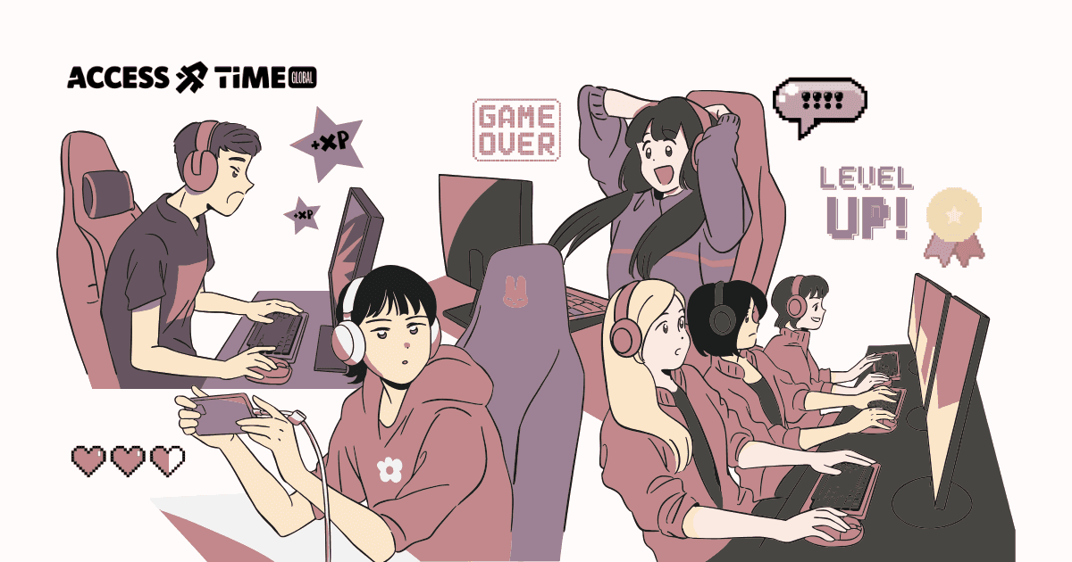 Illustration of diverse gamers using different devices and play styles, showing choice, challenge, and progression in an accessible gaming experience.