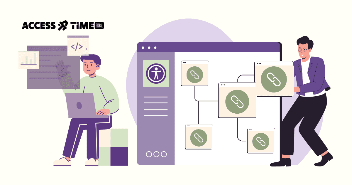 Illustration of developers managing linked interface components, representing focus management and accessibility flow in modern web frameworks.