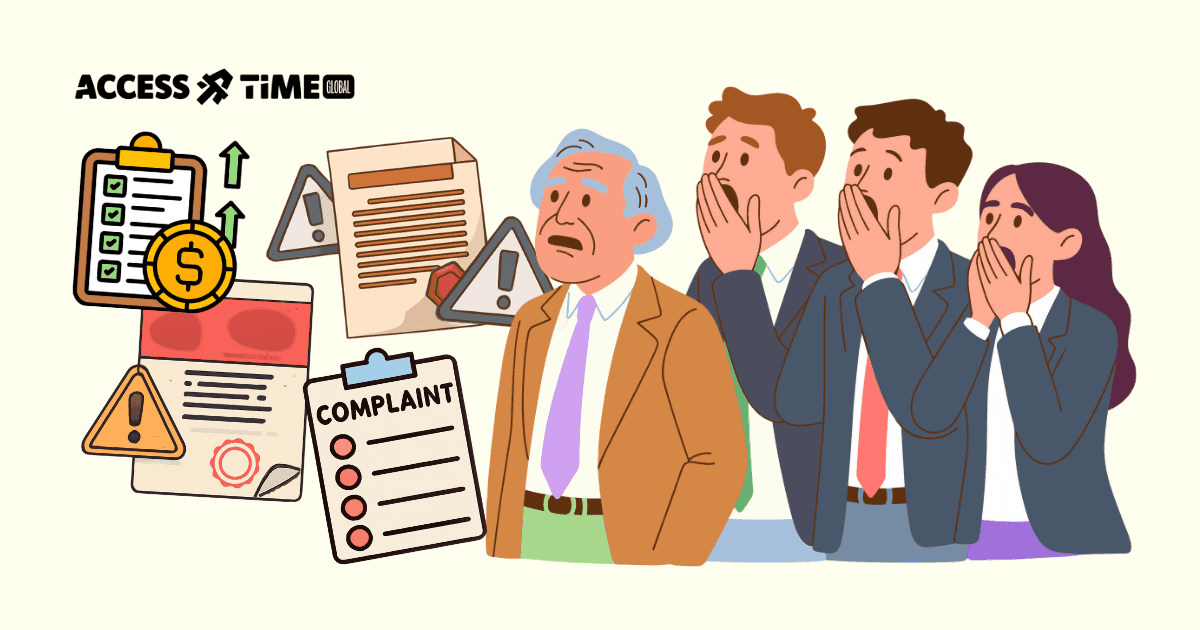 Illustration of concerned business leaders reacting to complaints, warnings, and rising costs, symbolizing hidden risks that surface when accessibility is ignored