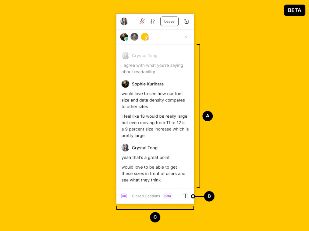 screenshot and annotations of voice channel in Figma