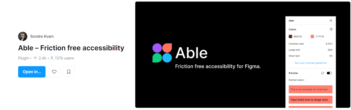 screenshot of accessibility plugins, Able & Color Contrast Checker