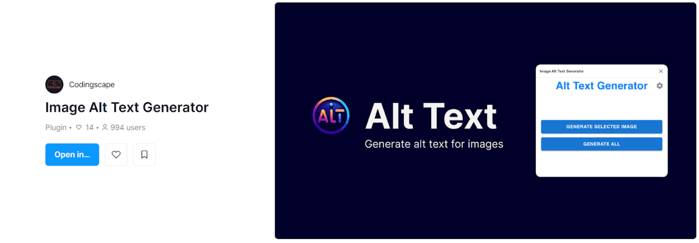 screenshot of accessibility plugins, Alt text generator