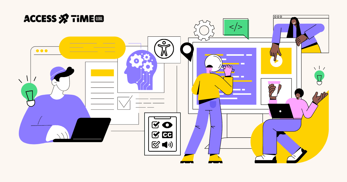 Illustration of diverse designers collaborating on accessible digital interfaces.