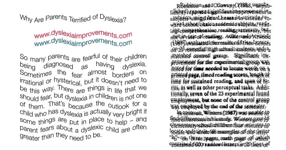 There are 2 images that simulates how text might appear to someone with dyslexia, on the left, the text are shaking while on the right, the text appear distorted