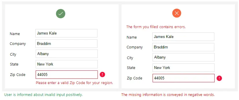 The image compares two ways of presenting form errors. The left side give a detailed message to inform the user about an invalid input, while the right side conveys the error in generic wa