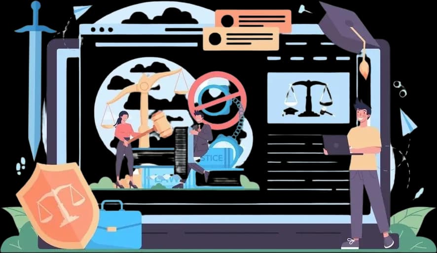 A scene depicting web accessibility legal requirements where woman holding a gavel, symbolizing justice and legal authority. In front of her, a man in a suit writing a long law, and a third person holding a laptop. They are surrounded by various legal icons such as scales of justice, law books, and paragraphs, emphasizing that web accessibility is a legal obligation that businesses must adhere to.