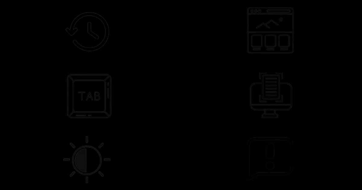 6 icons each representing a WCAG success criteria. Icon depicting a clock, icon showing clear layout, icon of a Tab key, icon featuring a document in front of a computer monitor, icon displaying a sun with contrasting black and white colors, and icon of an exclamation point icon inside a dialogue bubble.