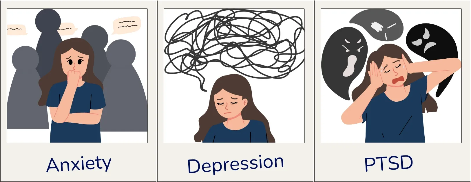 Illustration of a woman depicting three mental health conditions. Left: Anxiety, showing her surrounded by shadowy figures with speech bubbles, looking worried. Center: Depression, with scribbled lines above her head, looking sad. Right: PTSD, covering her ears while haunted by dark, expressive shapes around her.