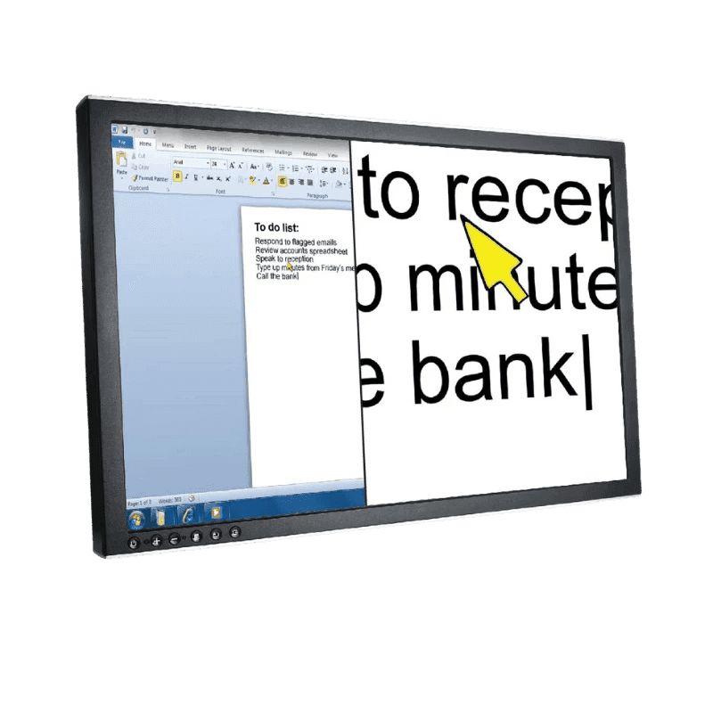 A computer monitor displaying large, magnified text on a word processing application.