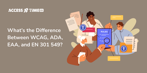 A banner with Access Time logo and title What’s the Difference Between WCAG, ADA, EAA, and EN 301 549?