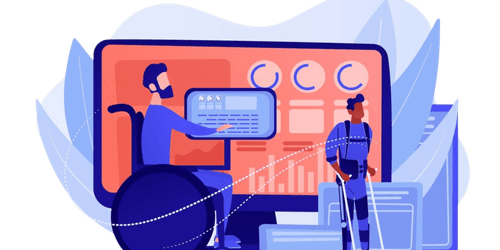 An illustration depicting two individuals interacting with assistive technology